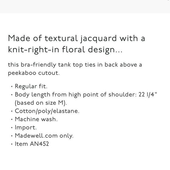 Madewell Women's Floral Jacquard Tie Back Tank Top Mystic Yellow Medium AN452 - Picture 10 of 10